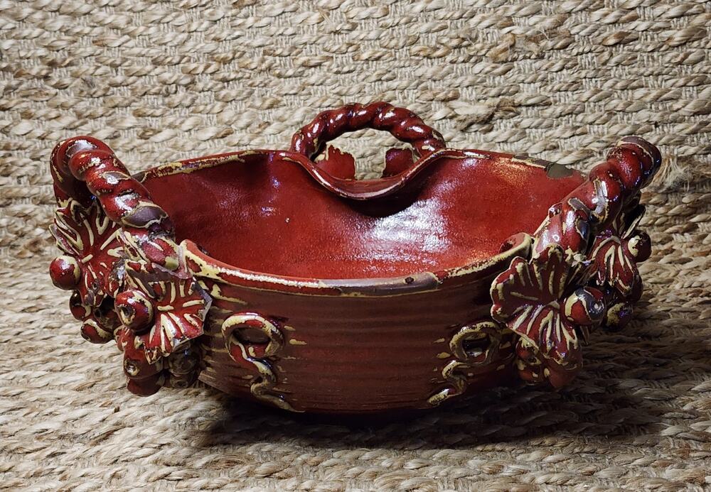 Vintage Decorative Glazed Stoneware Art Pottery Grapevine Bowl Centerpiece